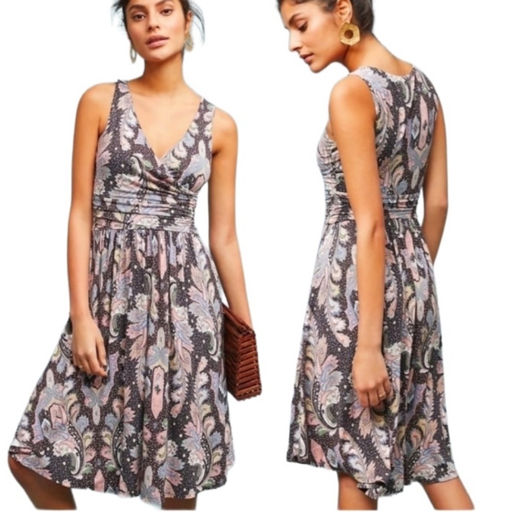 Anthropologie Maeve Leslie Sleeveless Dress Size Small Black Gray V-Neck Stretch